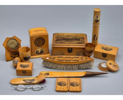 Collection of Mauchline Ware; Bank in the form of a mantle clock, pocket watch holder, hand brush, Game markers, pocket compa