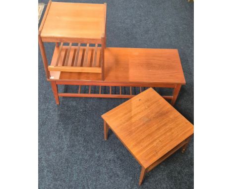 Three mid century teak tables includes Danish side table of square form and having slat under shelf. 