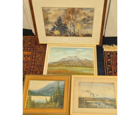 A Collection of Four Paintings &amp; print; Scottish scene oil painting signed Robt Bauld, Ron Bitie large watercolour Scotti