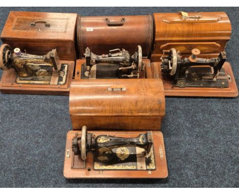 Four antique sewing machines. Various makes Vesta, Pfaff, Singer and one other