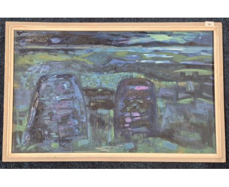 Large mid century oil painting on board depicting landscape. Signature to the reverse side. Signature illegible. Frame- 61x95
