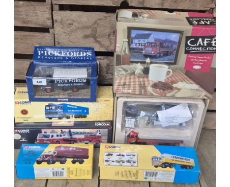 A Tray of Corgi Lorry vehicles; Ferry masters aec box trailer Lorry, British rail Bedford truck, Midlands BRS truck, fire eng