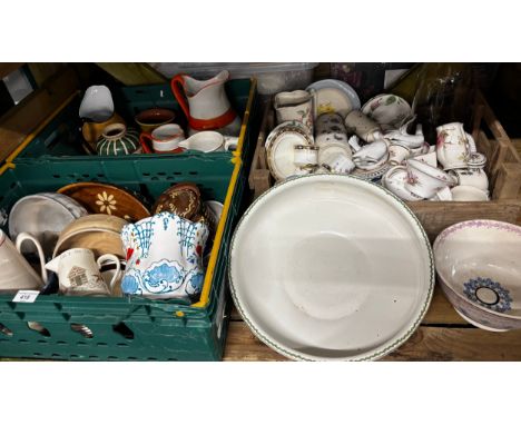 Three Crates of collectables; porcelain jugs, bowls tea wares, clock dome, Studio pottery &amp; other items