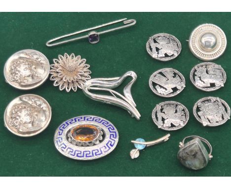 A Collection of Silver Brooches &amp; art Deco buttons &amp; jewellery; Art Deco woman buttons, Victorian Silver and enamel G