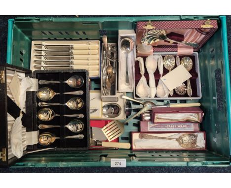 Crate of Silver plated vintage cutlery; boxed vintage fork, spoon sets &amp; other items