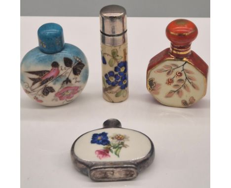 A Collection of Four Victorian and early 20th century perfume bottles; Hand Painted Ceramic Scent bottle with silver overlay,