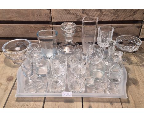 Tray of crystal wares; Swedish Etched Glass vases, Edinburgh crystal Decanter &amp; glasses
