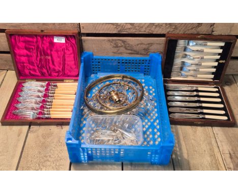 A Selection of collectables;  Silver collar Cutlery sets with bone handles, plated handled cutlery fish set together with 190