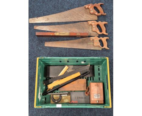 Crate of mixed tools and measuring tools; A. Mathieson &amp; Son of Glasgow and Edinburgh Brass and Mahogany spirit level, Mo