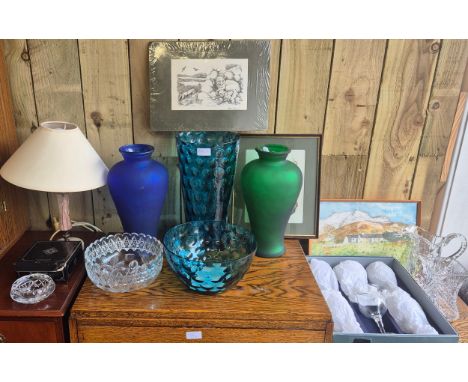 A selection of collectables Crystal, prints &amp; art glass; Borske Sklo 1950's Blue Glass Optical 'Olives' Vase &amp; bowl t