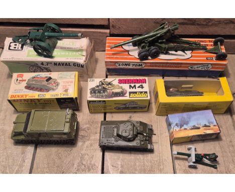 A Collection of Vintage Boxed models; Britains Ltd 4.7" Naval Gun, Dinky 353 Shado 2 Mobile- with bullets, Solido 231 Sherman