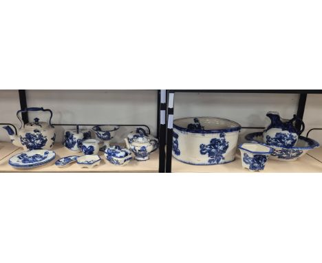 A Large Collection of Iron stone England blue &amp; white ware; Porcelain bathroom set with water jug &amp; bowl, large servi