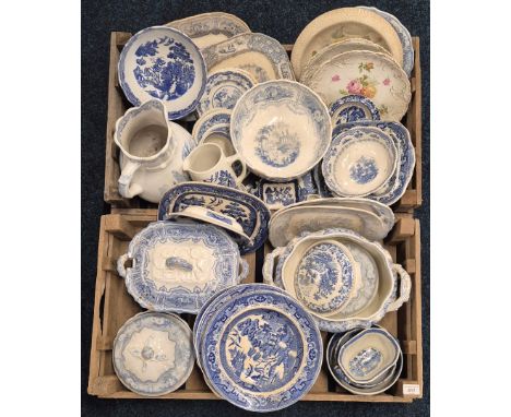 Two Crates of 19th and 20th century blue &amp; white wares; platters, tureen plates &amp; other items