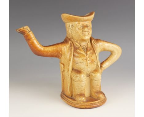 A salt-glazed stoneware figural teapot, 19th century, modelled as a seated Toby, probably by S. &amp; H. Briddon of Derbyshir