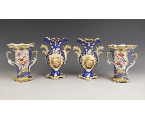 A pair of English porcelain twin handled vases, probably Coalport early 19th century, each of ovoid form with flared shaped n