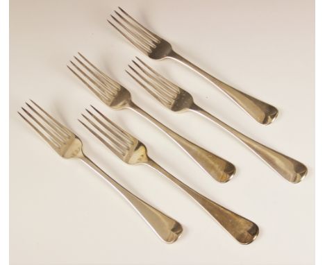 Five George IV Old English pattern silver forks, William M Traies, London 1825, each with engraved crest to reverse of termin