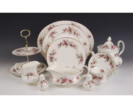 A Royal Albert six place dinner service in the "Lavender Rose" pattern, comprising: six salad plates, 21cm diameter, six dinn