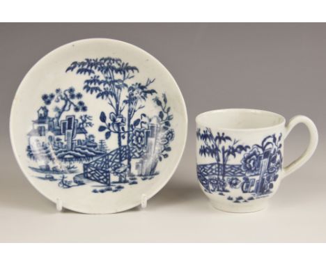 A Worcester porcelain coffee cup and saucer, circa 1760-1770, transfer printed in underglaze blue with the Plantation Print p
