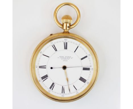 A Victorian 18ct gold open face pocket watch, the circular white enamel dial with black Roman numerals and outer seconds trac