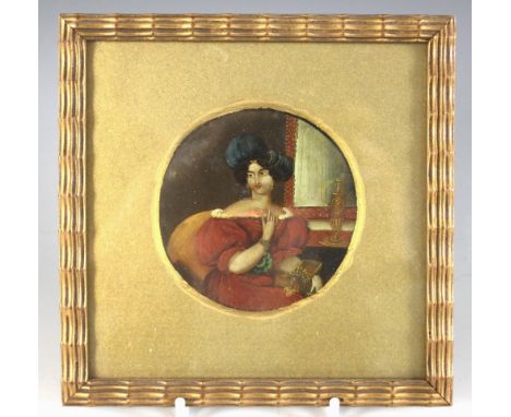 Continental school (19th century),A tondo portrait miniature depicting a lady in a blue hat holding a jewel case,Oil on board