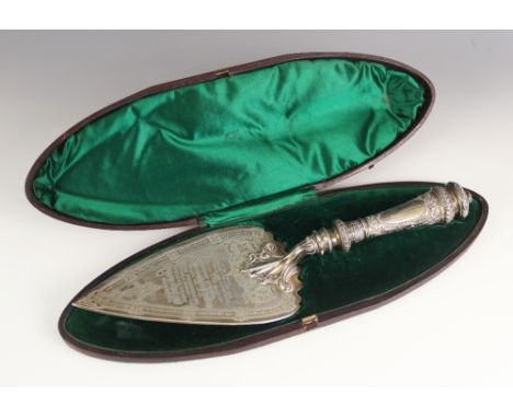 A Victorian silver presentation trowel within fitted case, Martin Hall and Co, London 1876, the trowel of typical form with e