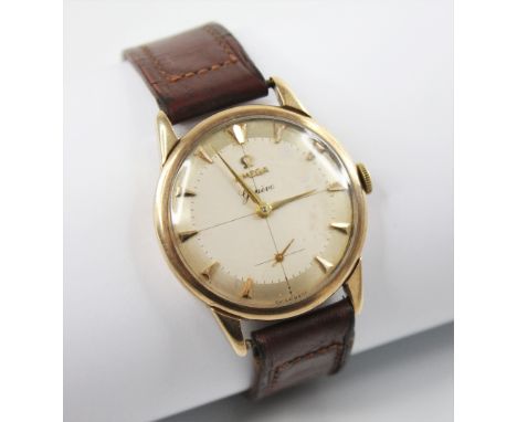 A gentleman's vintage 9ct gold Omega Geneve wristwatch, the two-toned circular dial with arrowhead markers and subsidiary dia