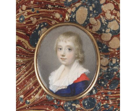 English school (late 18th/early 19th century),A bust length portrait miniature depicting a child in blue and red jacket and l