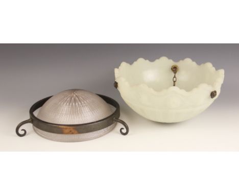A French Holophane ceiling light, Pat.2022209, with oxidise copper collar, lacking chains, with an opaline glass ceiling late