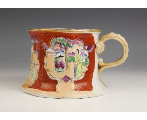 A Mason's Patent Ironstone large octagonal mug, early 19th century, decorated in the Chinoiserie style with applied lamprey h