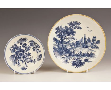 A Worcester saucer dish, circa 1775-1785, transfer printed in underglaze blue in the uncommon European Landscape Group patter