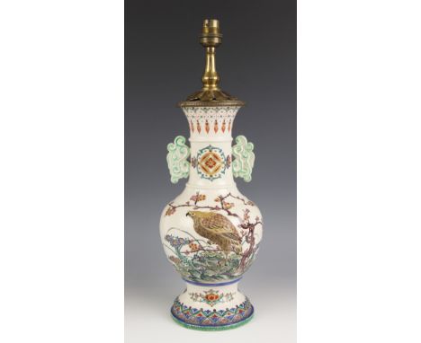 A Japanese Kutani ware lamp base, Meiji Period (1868-1912), the baluster shaped vase with two lugs flanking the cylindrical n