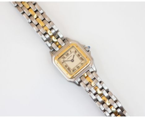 A Cartier bi-colour Panthere wristwatch, the square white dial with Roman numerals and inner seconds track, screwhead motifs 