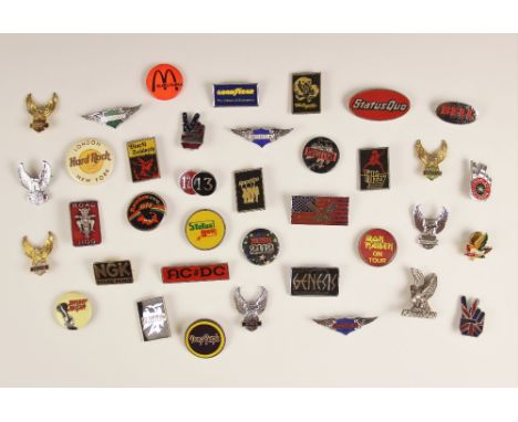 A collection of vintage pin badges, to include rock and pop examples for Led Zeppelin, Genesis, Whitesnake, Black Sabbath, St