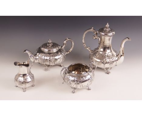 A Victorian silver plated tea service, comprising teapot, coffee pot, milk jug and sucrier, each of compressed globular form 