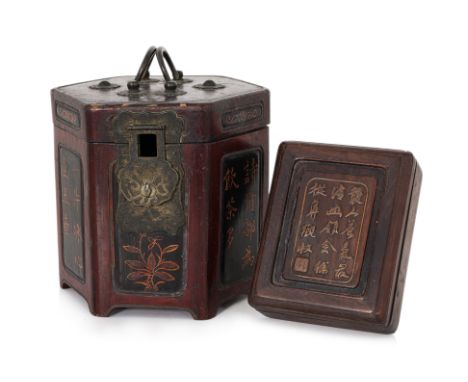 AN HEXAGONAL LACQUERED TEAPOT BOX AND A TABLE BOX
The box decorated with flowers and calligraphy, the box, likely for an ink 