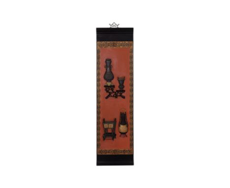 A PRECIOUS OBJECTS LACQUERED WALL PANEL Rectangular panel in black and red lacquer with applied censers and vases, gold colou