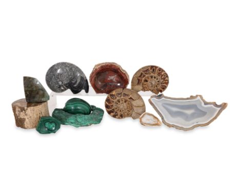 A GROUP OF ASSORTED MINERAL SPECIMENS
Including a large malachite bowl (18 x 16cm), malachite egg, smaller malachite bowl, a 