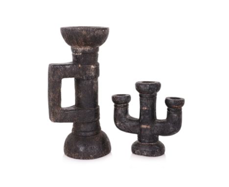 A BRUTALIST PEDESTAL AND CANDELABRA Mid 20th Century, cylindrical pedestal with squared angular side section and bowl to top,