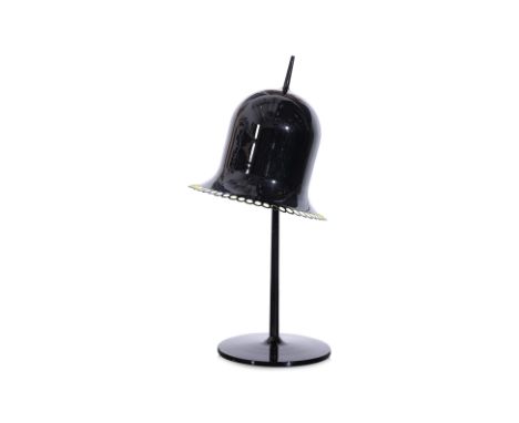 A BLACK METAL BELL-SHAPED TABLE LAMP
Adjustable metal shade with yellow interior, perforated edge detail and a slender stem c