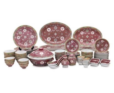 A LARGE GROUP OF FAMILLE ROSE PINK GROUND  DINNERWARE PORCELAIN
A ten-person place setting featuring character medallions and