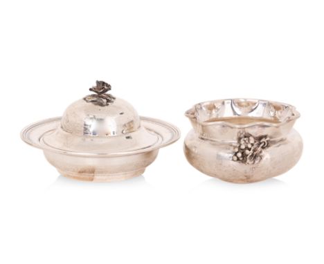 A TURKISH SILVER COVERED DISH AND A SILVER BOWL
Circular dish with wide foliate bordered rim, dome cover with rose finial, ma