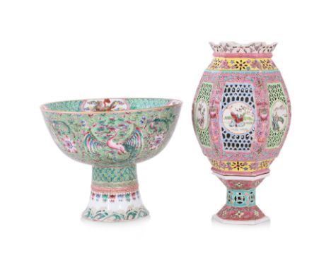 A FAMILLE ROSE PORCELAIN LANTERN AND PEDESTAL BOWL
20th century, hexagonal lantern with pierced sides, decorated in various s