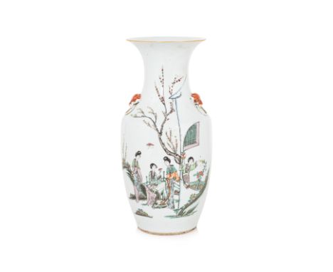 A FAMILLE ROSE BALUSTER VASE
Circa early 20th century, decorated in scene of four ladies in garden, inscription to reverse, r