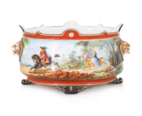 A CONTINENTAL EUROPEAN PORCELAIN JARDINIERE
Probably French or German, late 19th Century, painted with Carolean figures on ho