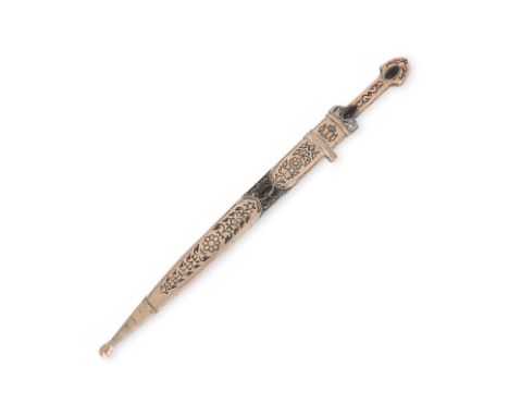 A CAUCASIAN KINDJAL DAGGER
20th century, double edged steel blade with silver coloured metal handle and sheath, decorated in 