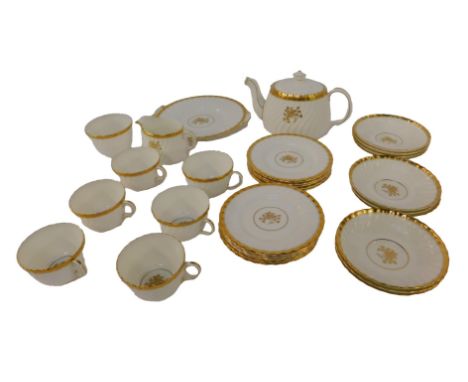 A Mintons porcelain Gold Rose pattern tea service, comprising a teapot, sugar bowl, milk jug, six teacups, ten saucers, ten c