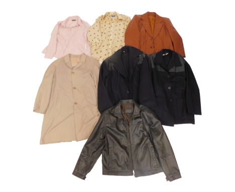 Vintage clothing, including a Happy shirt, a gentleman's shirt decorated with Polo players, a brown leather gentleman's jacke