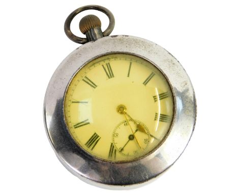 A 20thC pocket watch, with white enamel Roman numeric dial, seconds hand and gold hands, in a white metal case stamped 935, w