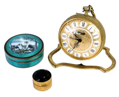 Trinkets, comprising an Ernest Borel Versailles brass travel clock, heavily ormolu decorated with a Roman numeric border, an 