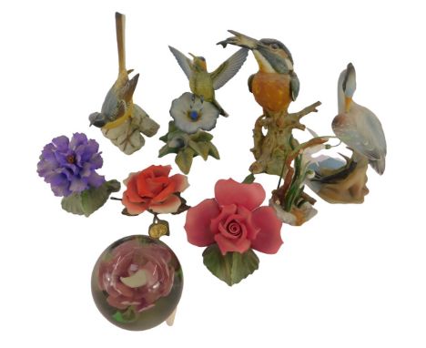 A group of Italian bisque porcelain bird figures, to include a Capodimonte stork, 20cm high, a kingfisher, 21cm high, three p